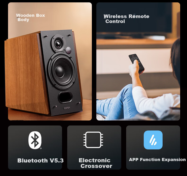 Компьютерные колонки Edifier R1700BT+, 2.0, Bluetooth 5.3, до 66 Вт, деревянный корпус, черный