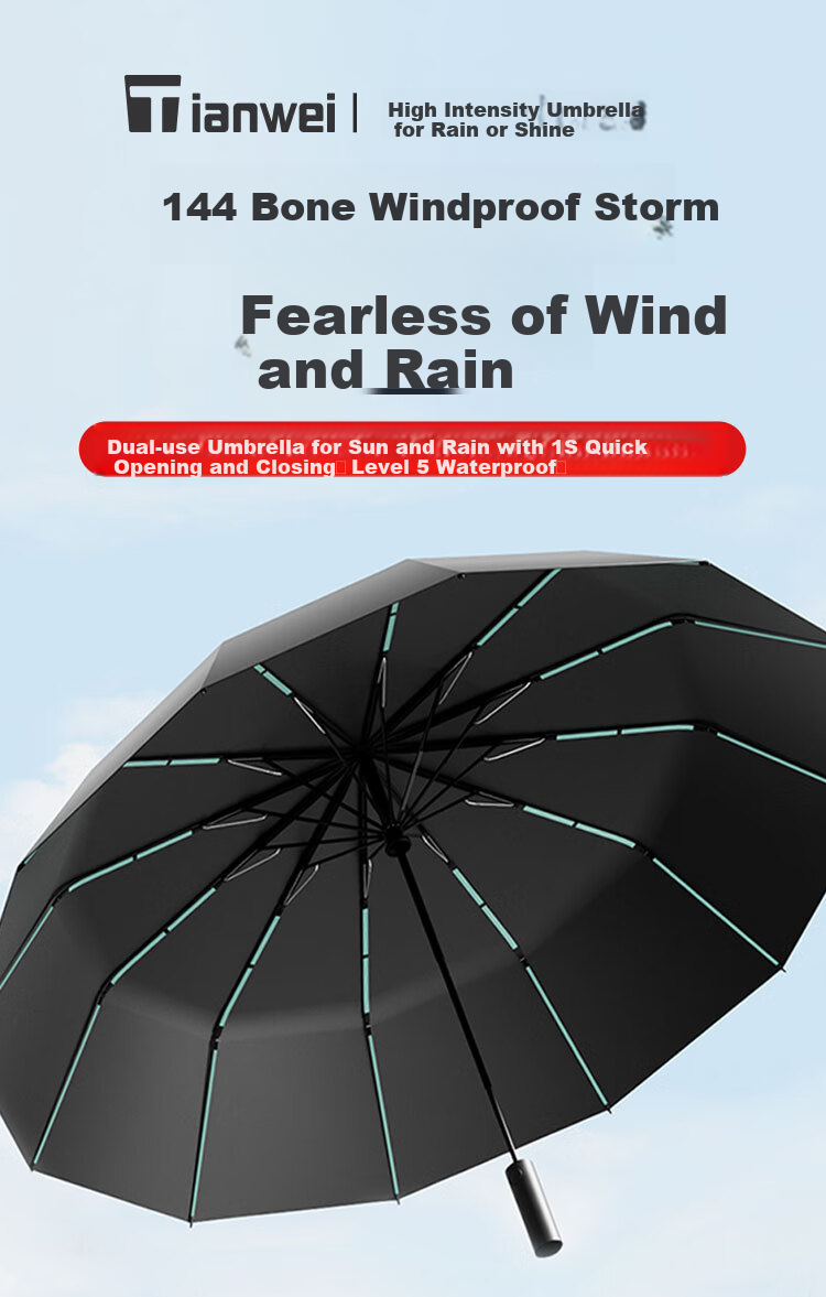 Tianwei Umbrella, полностью автоматический, для солнца и дождя, большой размер, усиленный и утолщенный, складной, защита от солнца, для мужчин и женщин, 144 ребра