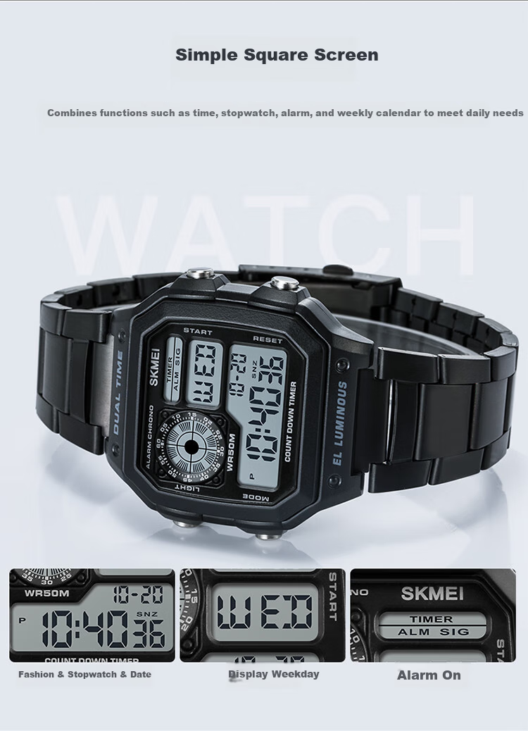 Skmei Student Watch Square High-End for Middle And High School Students, Waterproof Alarm Clock Sports Steel Band Electronic Watch for Men 1335