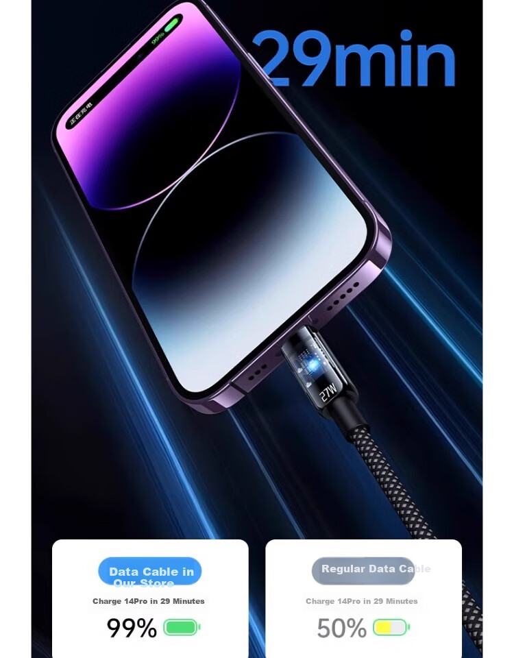 Кабель Nengshi для зарядки Apple iPhone, кабель данных PD быстрой зарядки с умным отключением, 1 метр, прозрачный черный