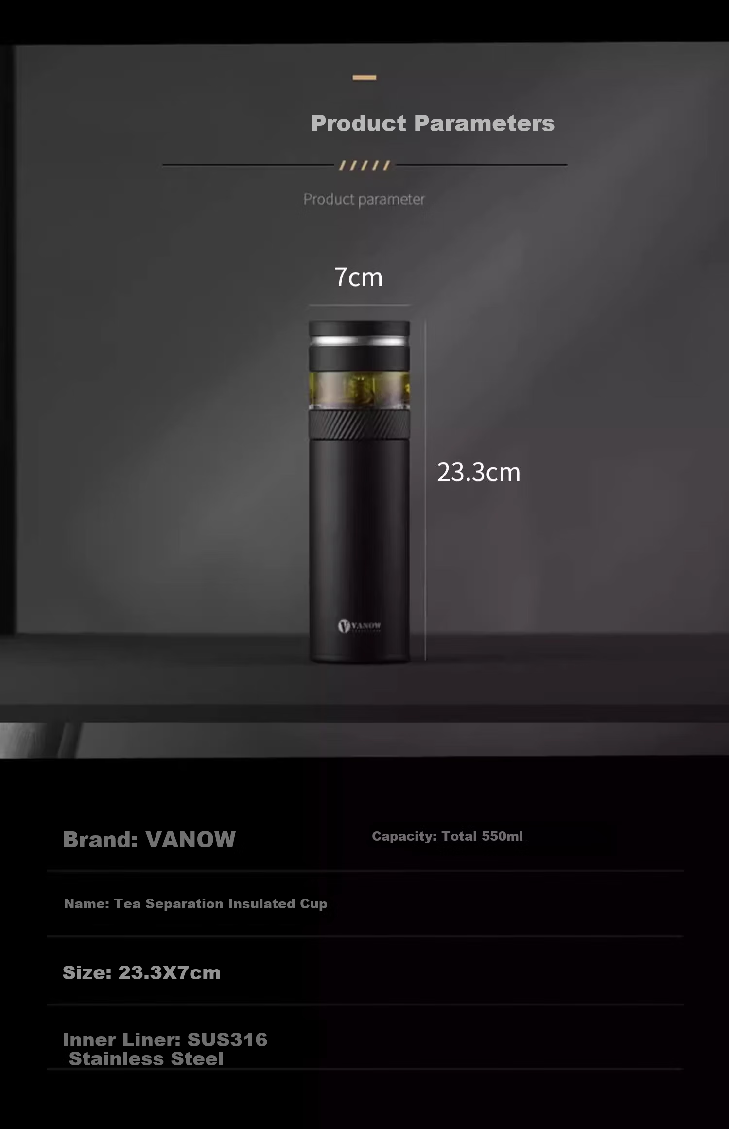 Термокружка Vanow с ситечком для чая, портативная, для путешествий, 550 мл, стальной цвет
