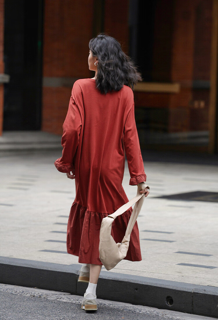 Платье Demana 2025 Spring Basic Versatile Patchwork Hem Crew Neck Pullover Long Sleeve Long Dress, размер S, кирпично-красный