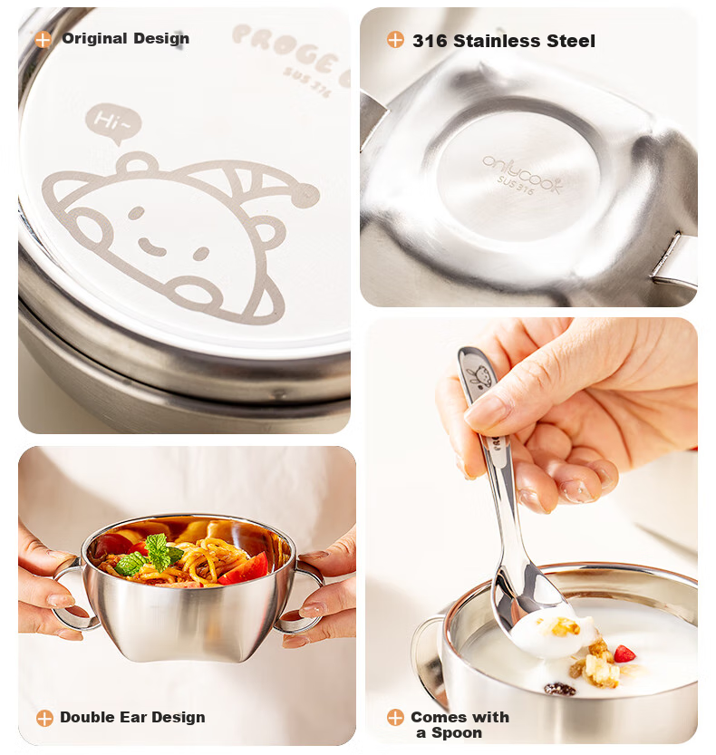 Детская миска Onlycook с двойными ручками и крышкой, 316 нержавеющая сталь, 300 мл, с рисунком космо-панды