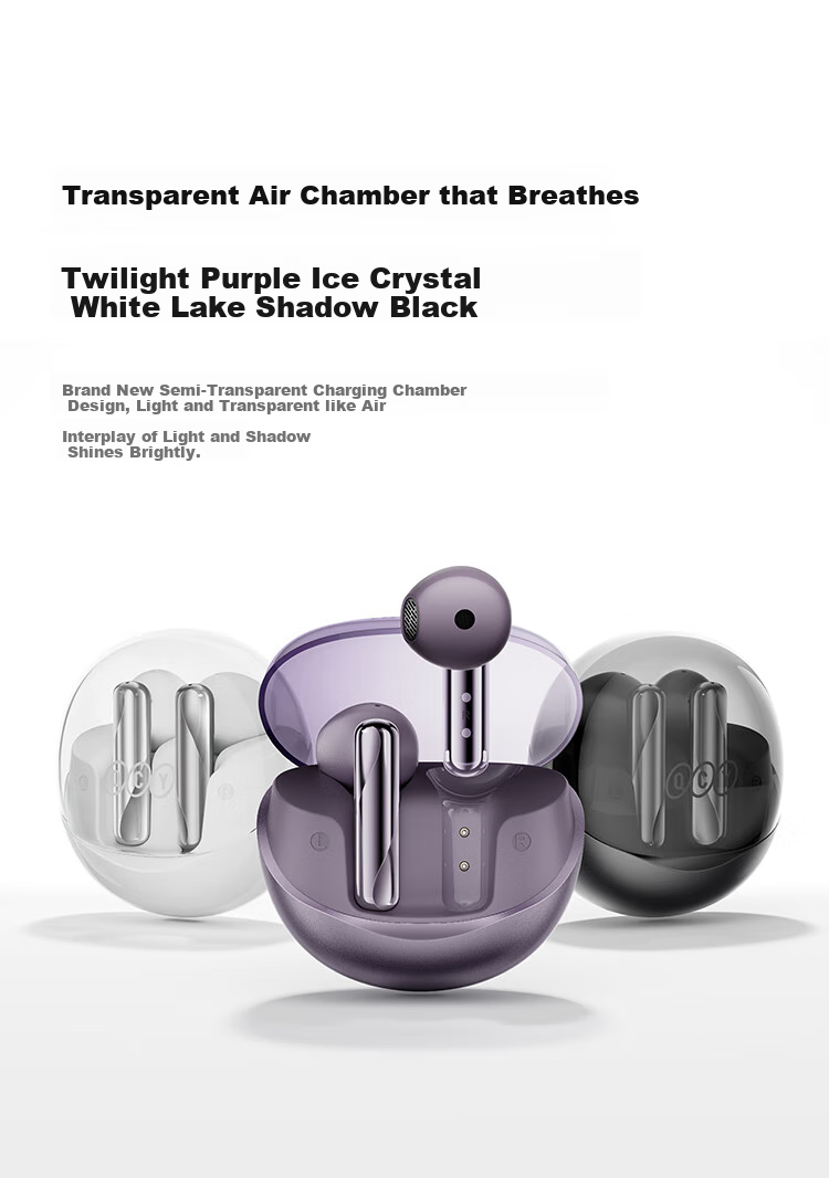 Беспроводные наушники QCY AilyBuds Clear True Wireless Bluetooth с 4 микрофонами для шумоподавления, ветрозащитой, спортивные, совместимые со всеми смартфонами, фиолетовые