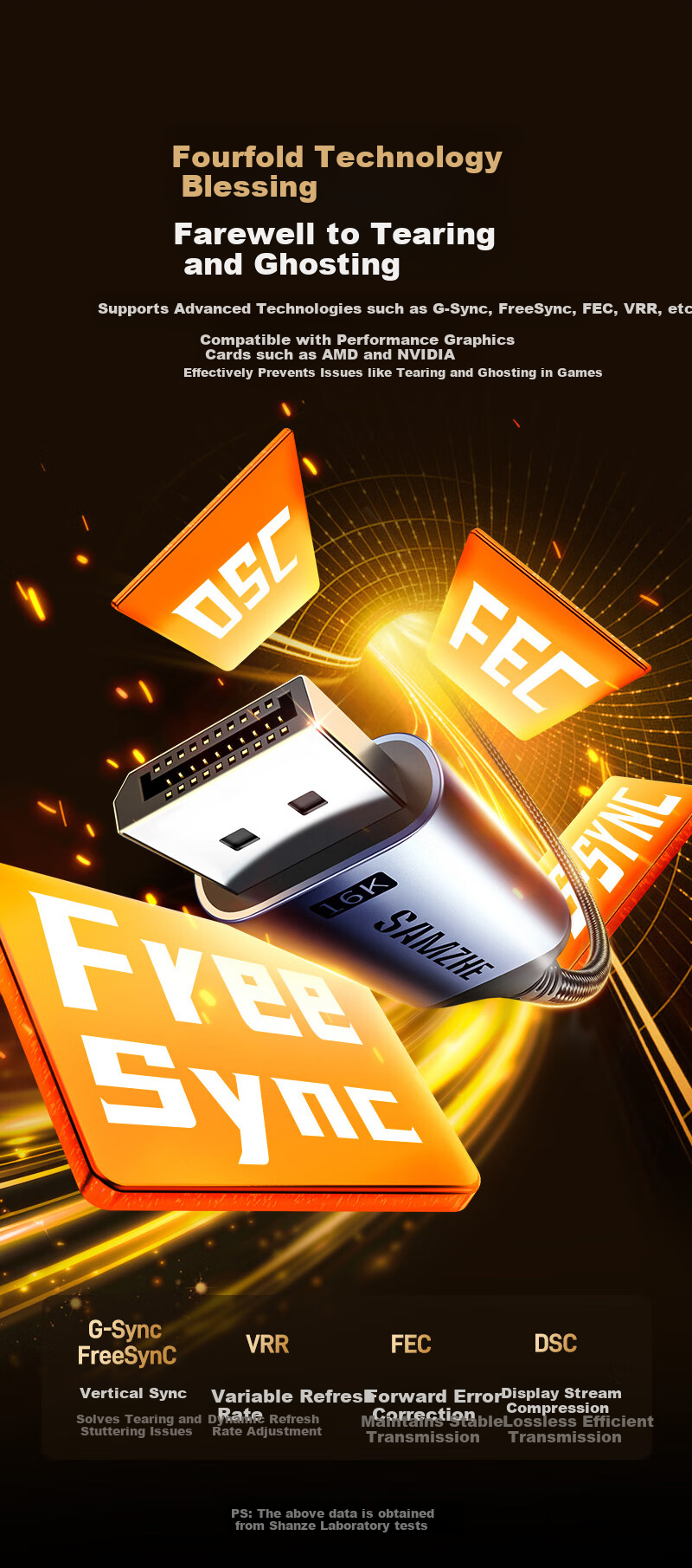Видеокабель SAMZHE Type-C - DP 2.1/1.4, 16K, Thunderbolt 4/5, USB-C, 360Hz, 1.5 метра