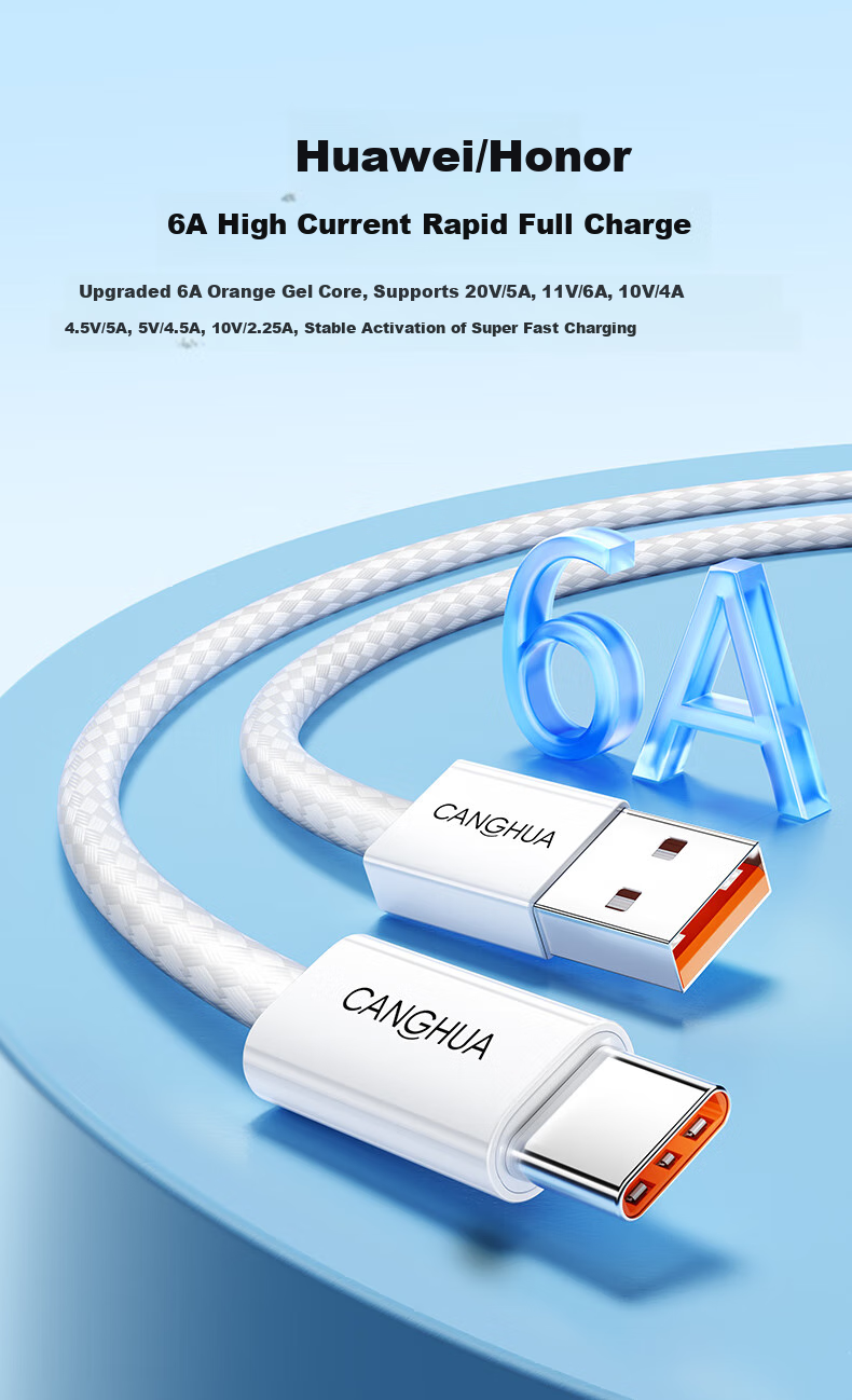 Кабель CangHua USB Type-C для быстрой зарядки, 6A, 1 метр, белый