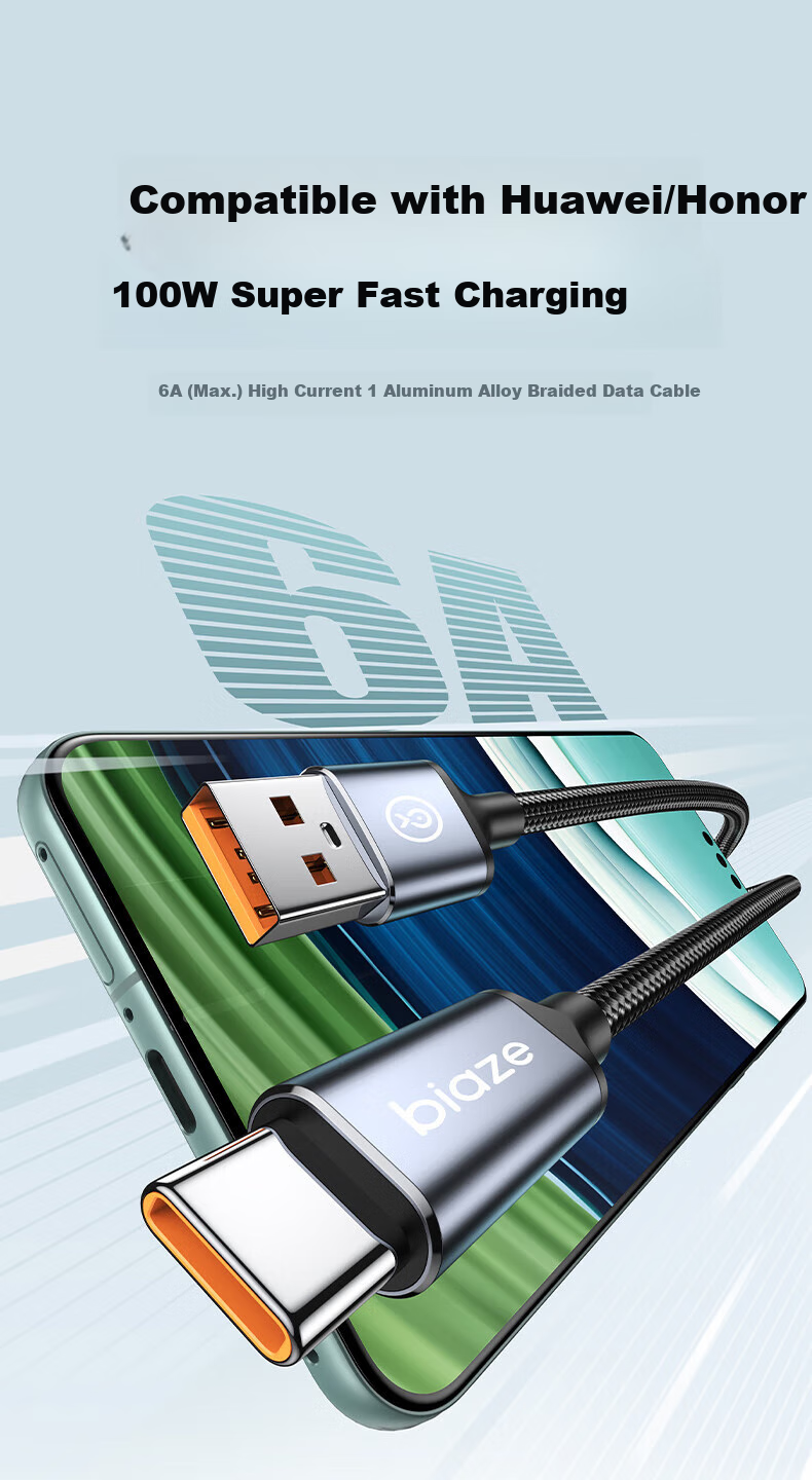 Кабель BIAZE Type-C, сверхбыстрая зарядка 100 Вт/66 Вт, USB-C для Huawei, Honor, Xiaomi, Android, Apple iPhone 15/16e/17, автомобильное зарядное устройство, кабель 6A