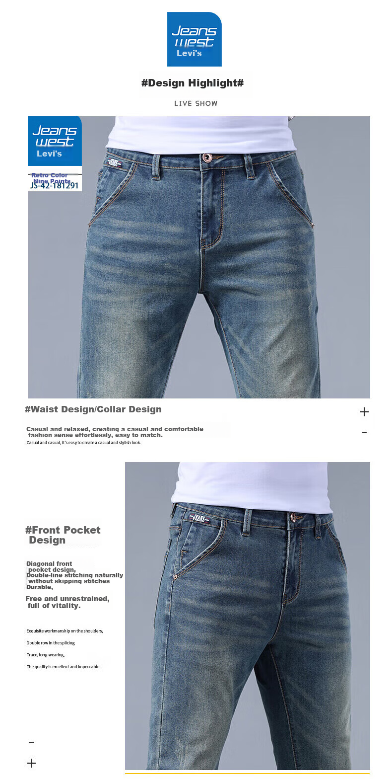 Джинсы мужские Jeanswest, модель 2025 Осень-Зима, мягкий хлопок, стрейч, зауженный крой, модные принтованные брюки, темно-синие, размер 34