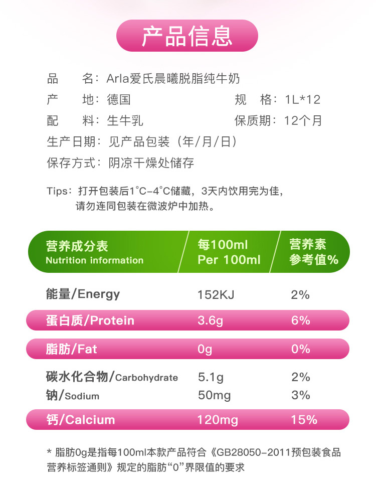 产品信息品名:Arla爱氏晨曦脱脂纯牛奶产地:德国规格:1L*12配料:生牛乳保质期:12个月生产日期:见产品包装(年/月/日)保存方式:阴凉干燥处储存Tips:打开包裝后1C-4C储藏,3天内饮用完为佳,请勿连同包装在微波炉中加热。营养成分表每100ml营养素Nutrition informationPer 100m参考值%能量/ Energy152KJ2%蛋白质/ Protein3.6g6%脂肪/Fatog0%碳水化合物/ Carbohydrate5.1g2%钠/ Sodium50mg3%钙/ Calcium120mg15%脂肪0g是指每100m本款产品符合《GB28050-2011预包装食品营养标签通则》规定的脂肪“O”界限值的要求-推好价 | 品质生活 精选好价