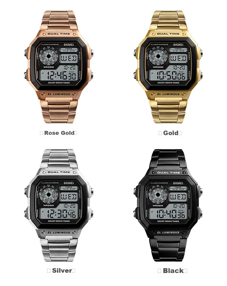 Skmei Student Watch Square High-End for Middle And High School Students, Waterproof Alarm Clock Sports Steel Band Electronic Watch for Men 1335