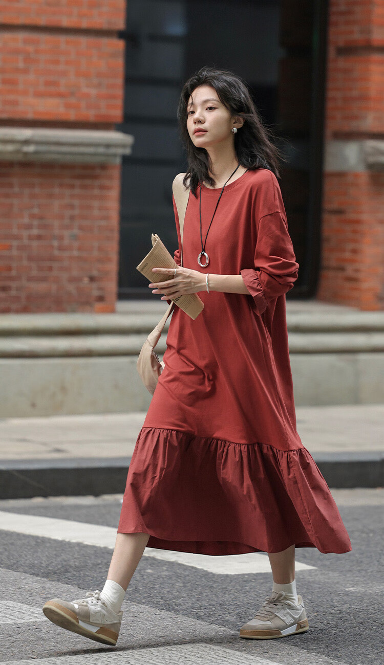 Платье Demana 2025 Spring Basic Versatile Patchwork Hem Crew Neck Pullover Long Sleeve Long Dress, размер S, кирпично-красный