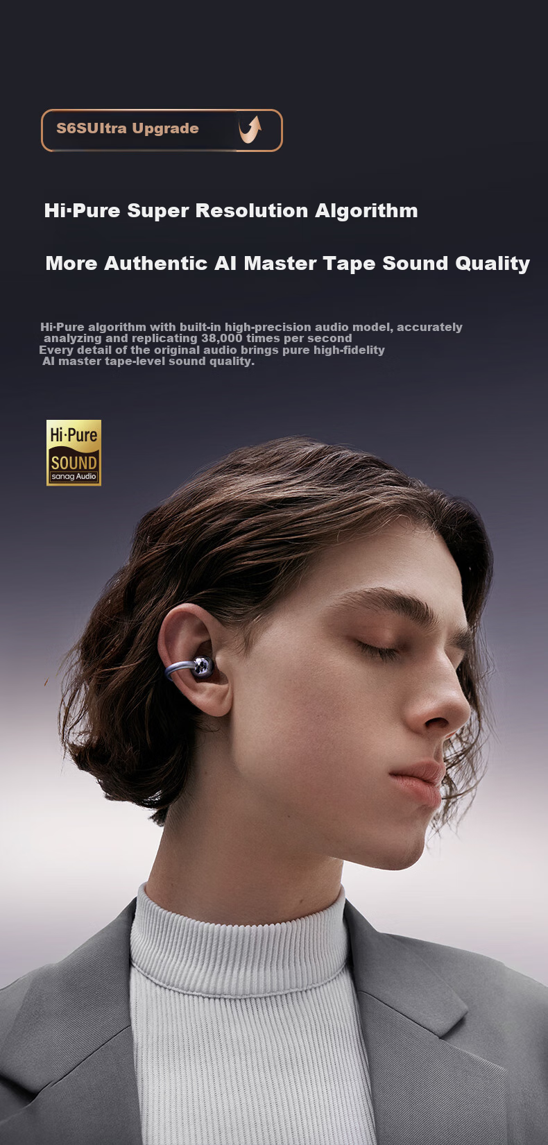 Беспроводные наушники SANAG Saina S6S Ultra с костной проводимостью, Bluetooth 5.3, спортивные, с шумоподавлением, водонепроницаемые, с микрофоном, золотистые