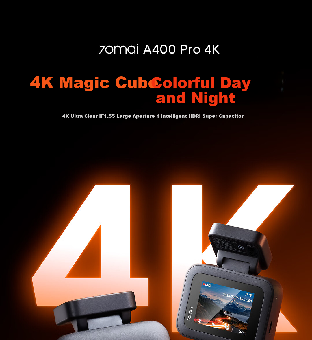 Видеорегистратор 70Mai A400 Pro 4K, ночное видение, 2-дюймовый экран, мониторинг парковки, компактный дизайн