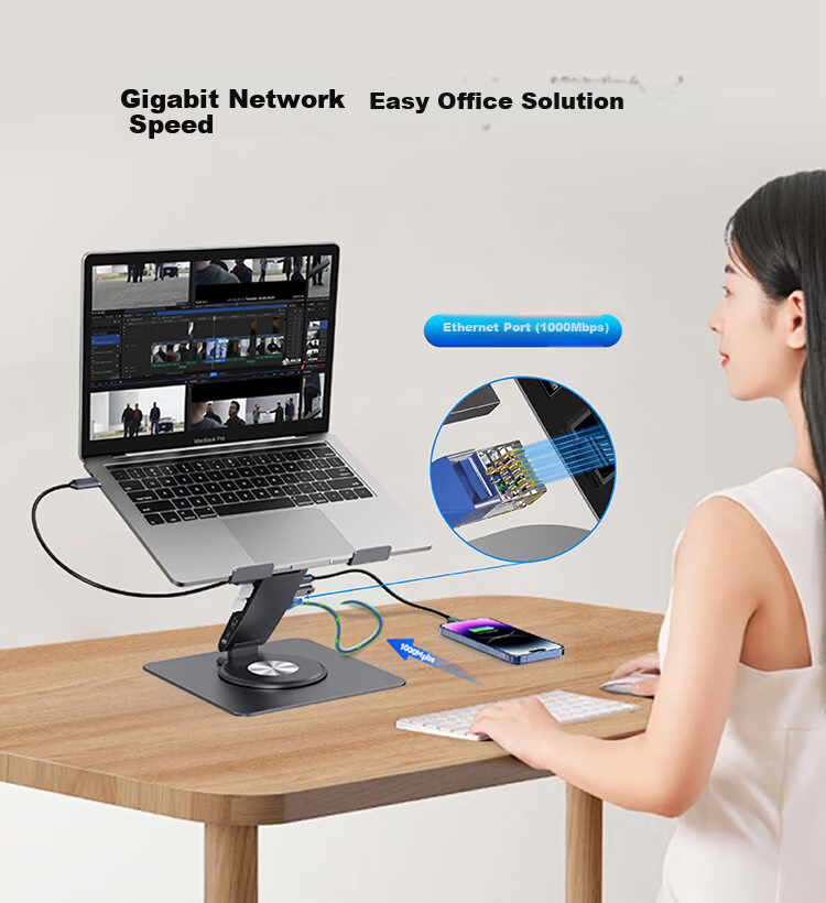 Hanzichen Стойка для ноутбука с док-станцией, 12 портов Type-C, 4K 60Hz, PD100W, алюминиевый сплав, вертикальная подставка, совместимая с Apple, Huawei, Xiaomi