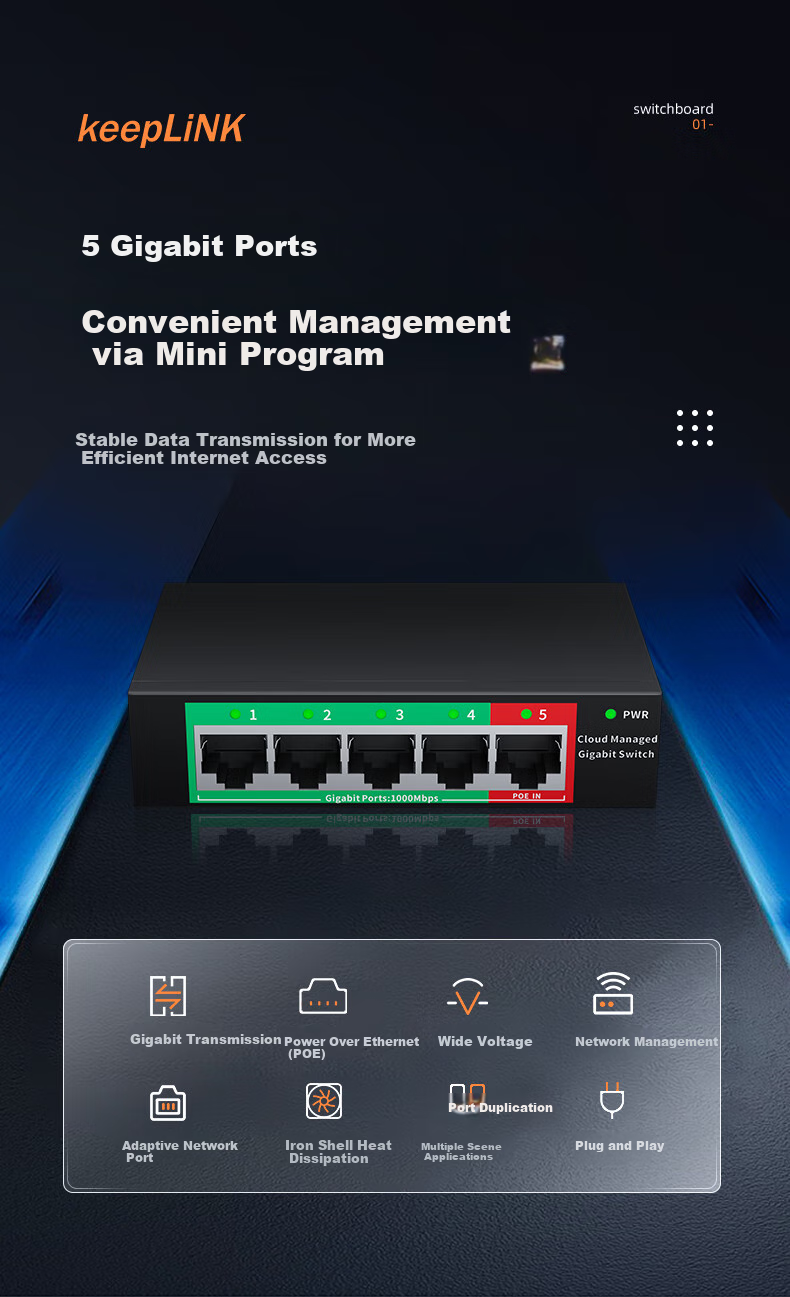 Коммутатор KeepLINK KP-9000 5-портовый Gigabit с облачным управлением, поддержка VLAN