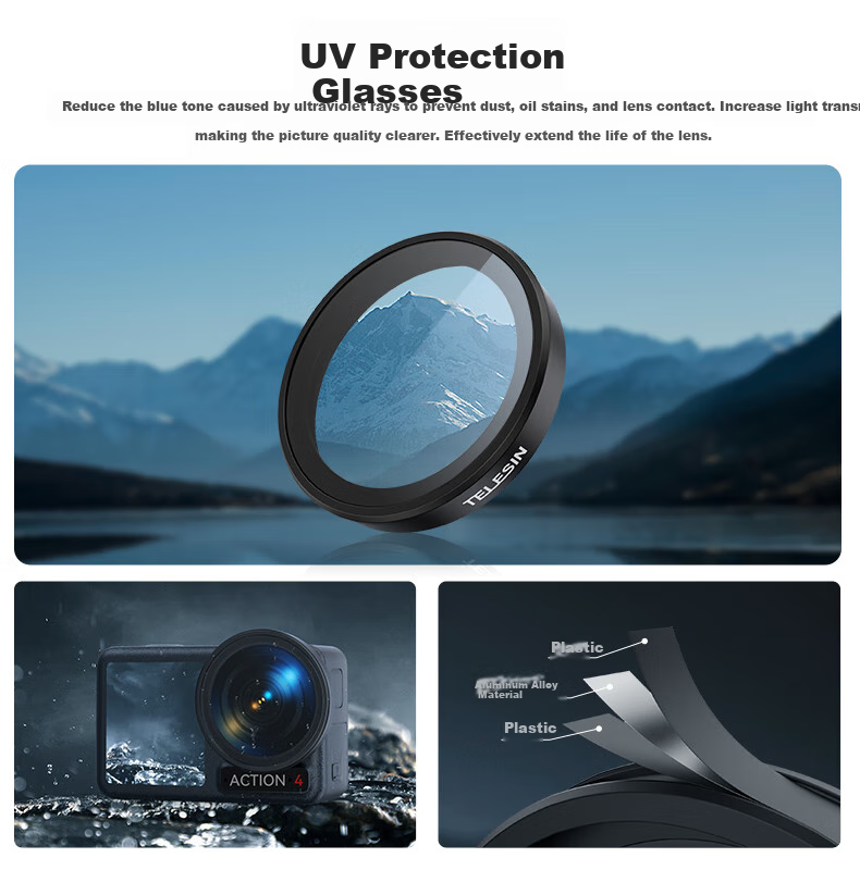 Защитный УФ-фильтр TELESIN для камер DJI Action 5 Pro/4/3, стеклянный, ударопрочный, диаметр 6.6 см