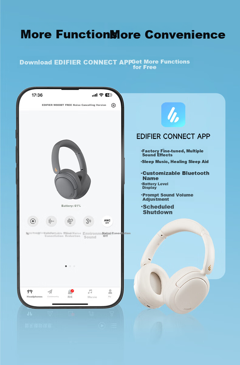 Беспроводные наушники EDIFIER W800BT Free с активным шумоподавлением, Bluetooth 5.4, 42 часа работы, синие