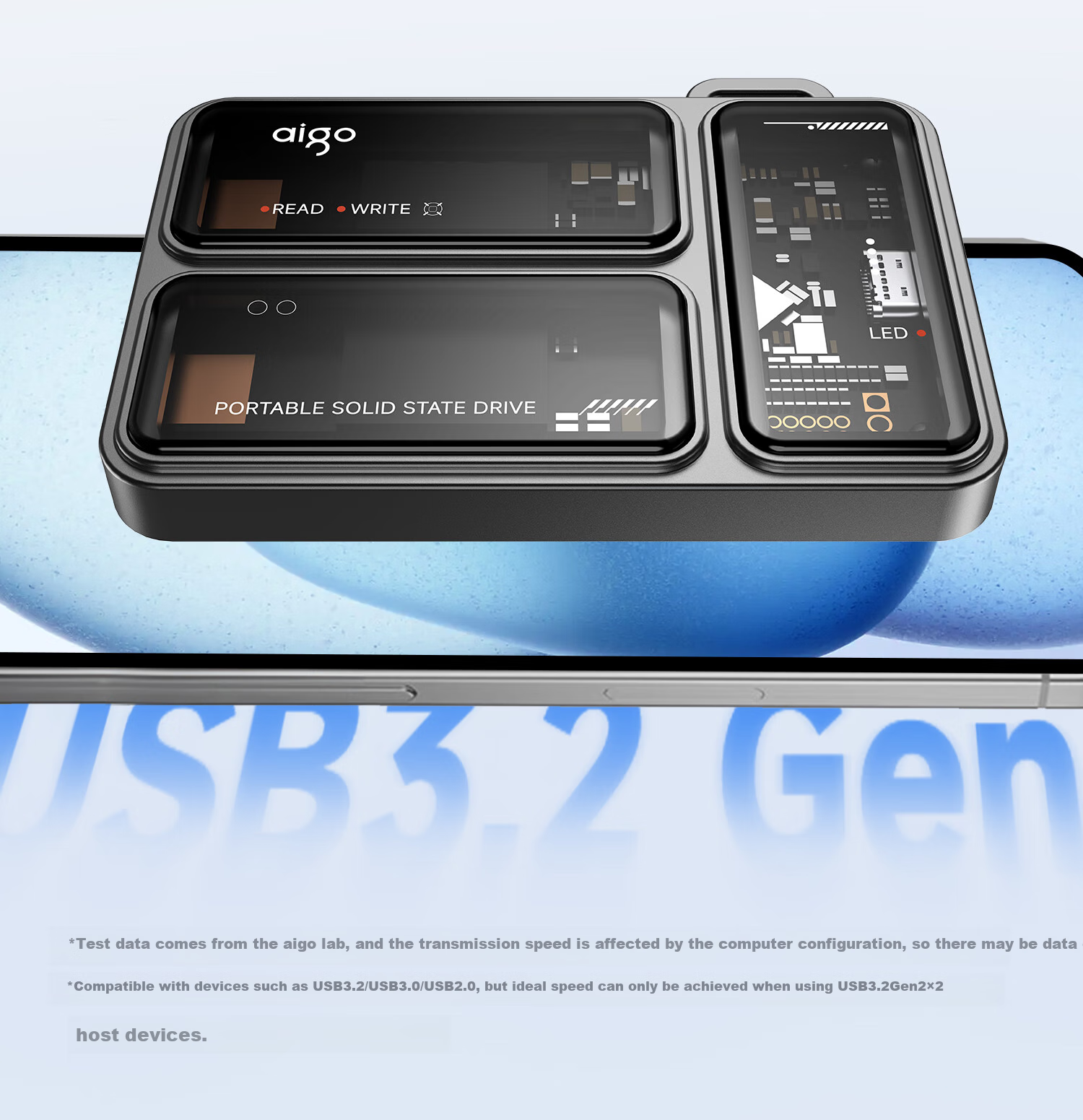 Портативный SSD-накопитель Aigo P3 Type-C USB3.2, 2 ТБ, скорость чтения/записи до 2000 МБ/с, прозрачный, для телефона и компьютера