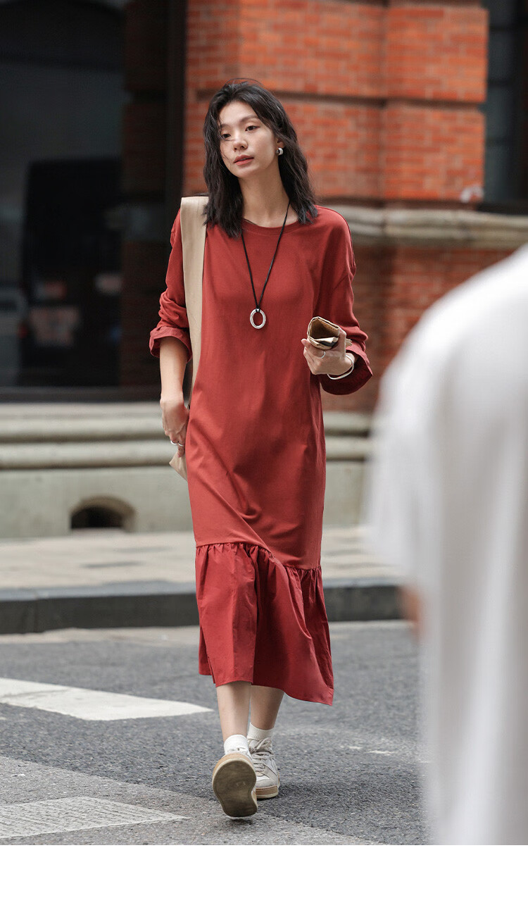 Платье Demana 2025 Spring Basic Versatile Patchwork Hem Crew Neck Pullover Long Sleeve Long Dress, размер S, кирпично-красный
