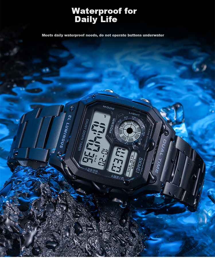 Skmei Student Watch Square High-End for Middle And High School Students, Waterproof Alarm Clock Sports Steel Band Electronic Watch for Men 1335