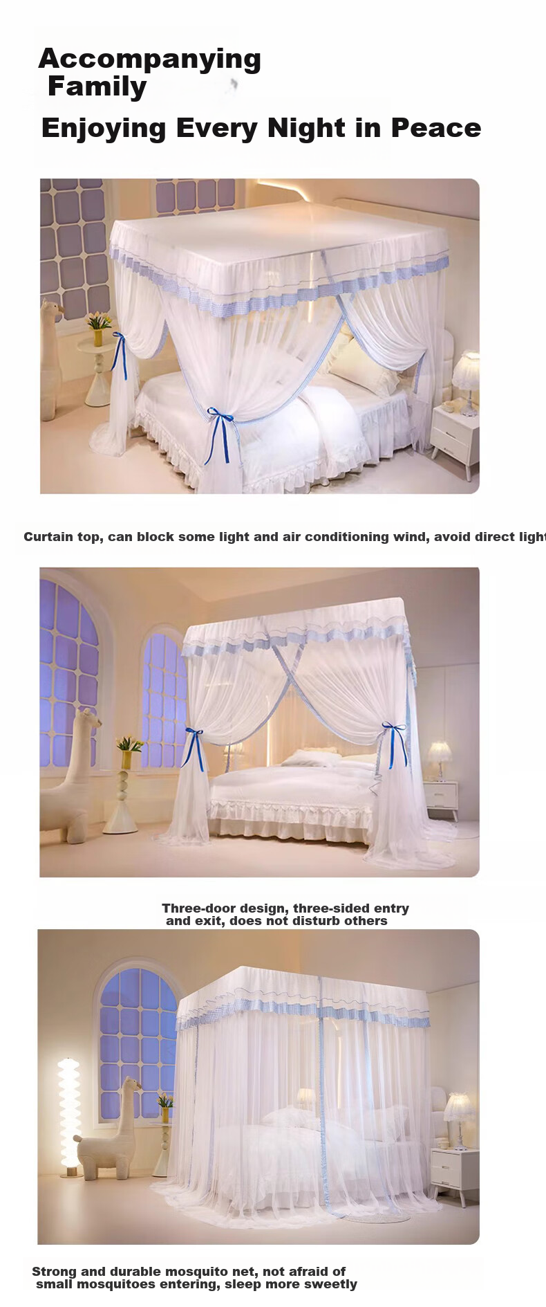 Mosquito net XIHAN, floor-standing, three-door, 1.8x2m bed, blue small grid