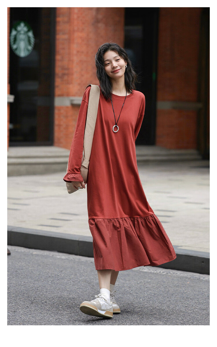 Платье Demana 2025 Spring Basic Versatile Patchwork Hem Crew Neck Pullover Long Sleeve Long Dress, размер S, кирпично-красный