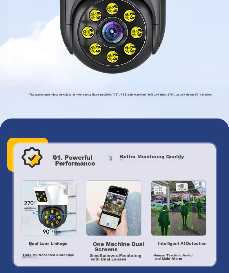 IP-камера Newmine Home AI, беспроводной мониторинг через смартфон, 360-градусное покрытие, ночное видение, панорамная купольная камера с цветным отслеживанием и двусторонней аудиосвязью, водонепроницаемая для сельского наружного использования