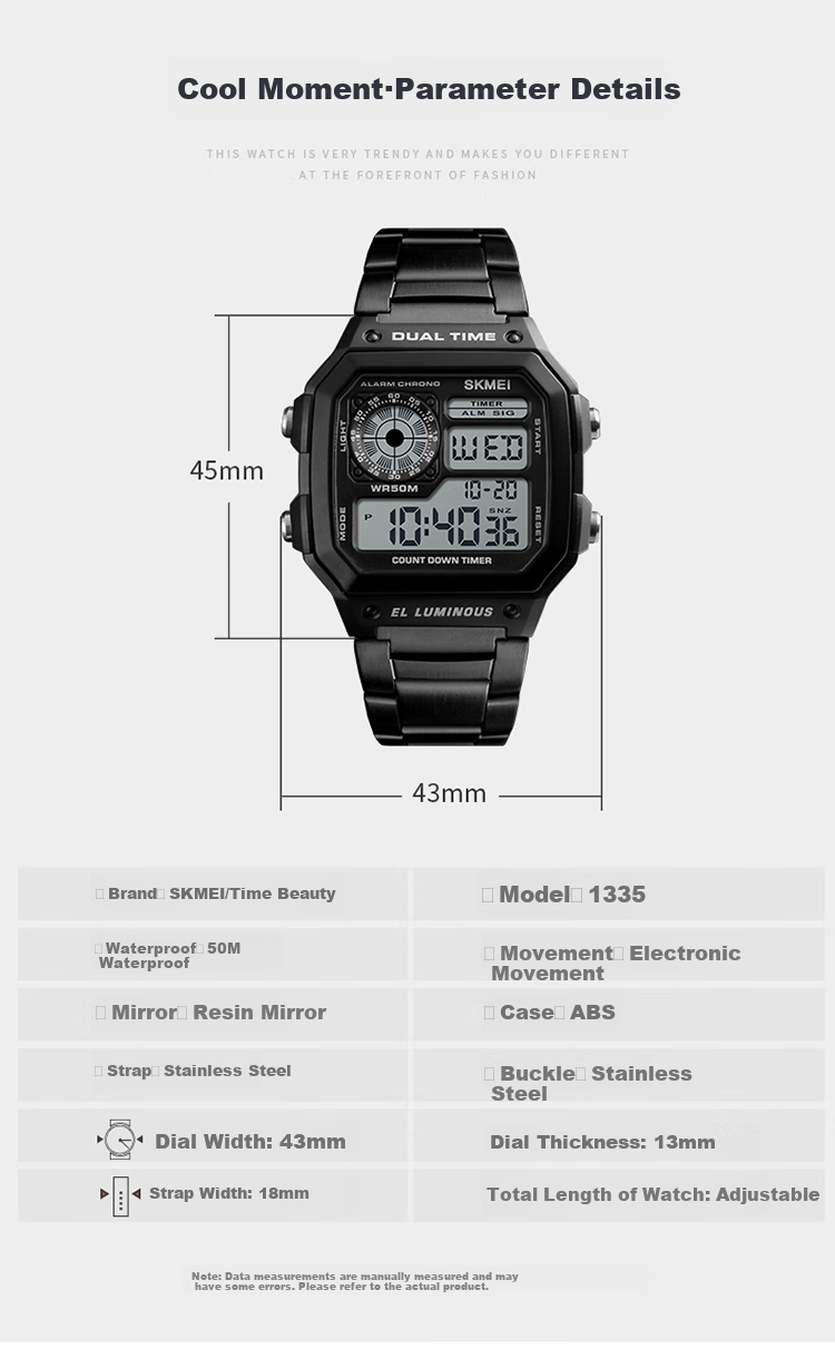Skmei Student Watch Square High-End for Middle And High School Students, Waterproof Alarm Clock Sports Steel Band Electronic Watch for Men 1335