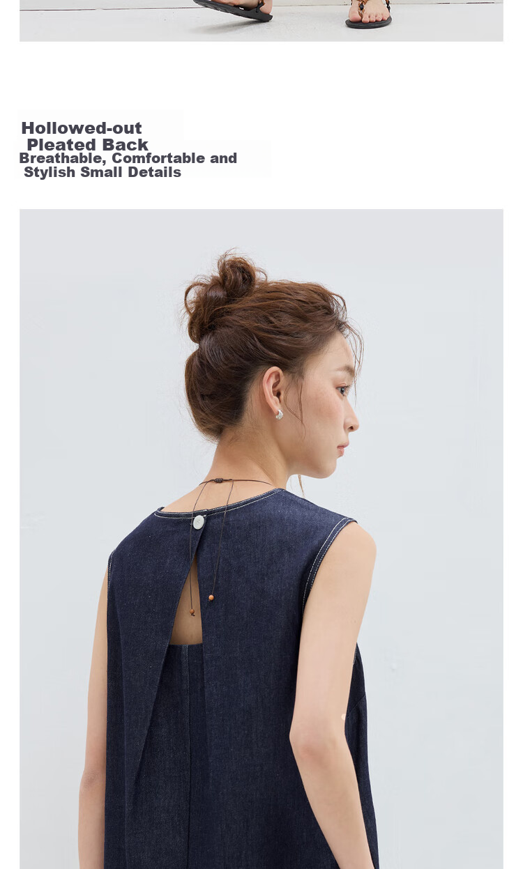 Джинсовое платье Giordano, женское, летнее, с вышивкой, круглым вырезом, без рукавов, модель 18465809