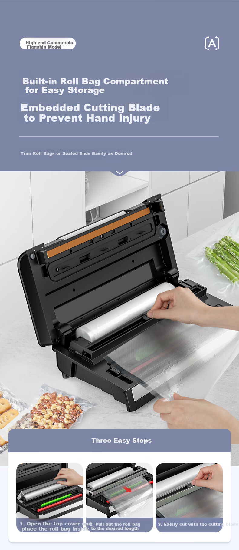Вакуумный упаковщик Bangxiansheng BV127, коммерческий, для сухих и влажных продуктов, автоматический, с ножом, панель из нержавеющей стали