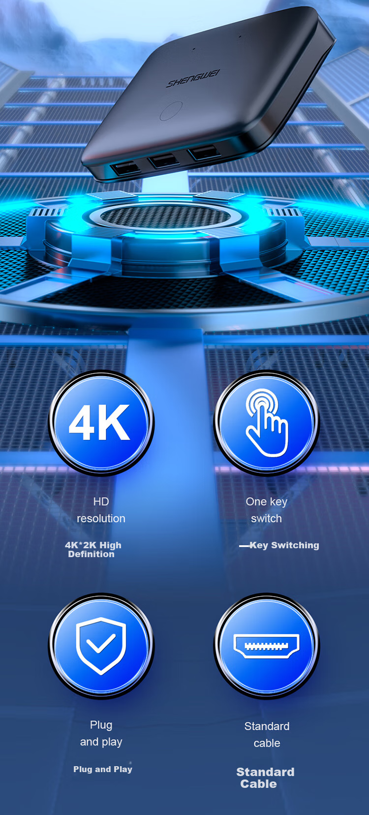 KVM-переключатель Shengwei KS-302H HDMI, 2 входа, 1 выход, 4K@30Hz, USB 2.0, для подключения двух компьютеров к одному монитору, клавиатуре и мыши