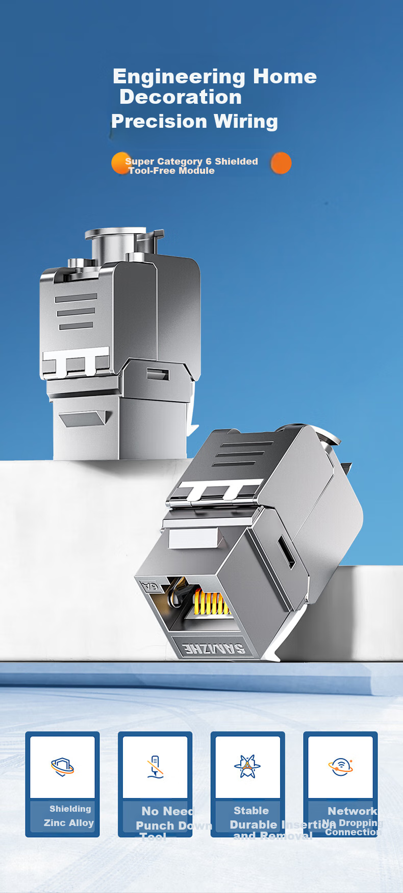 Сетевой модуль SAMZHE CAT6A, 10 Gigabit, экранированный, RJ45, розетка, компьютерная сеть, 50U, позолоченный разъем, прямой коннектор PMC6A