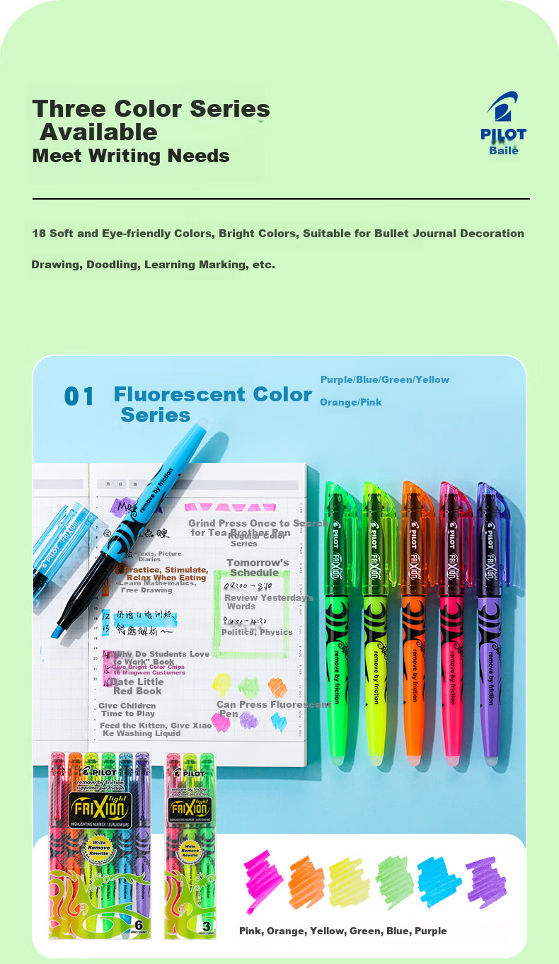 PILOT Erasable Highlighter Pen Set, Fluorescent Colors, 6 Colors