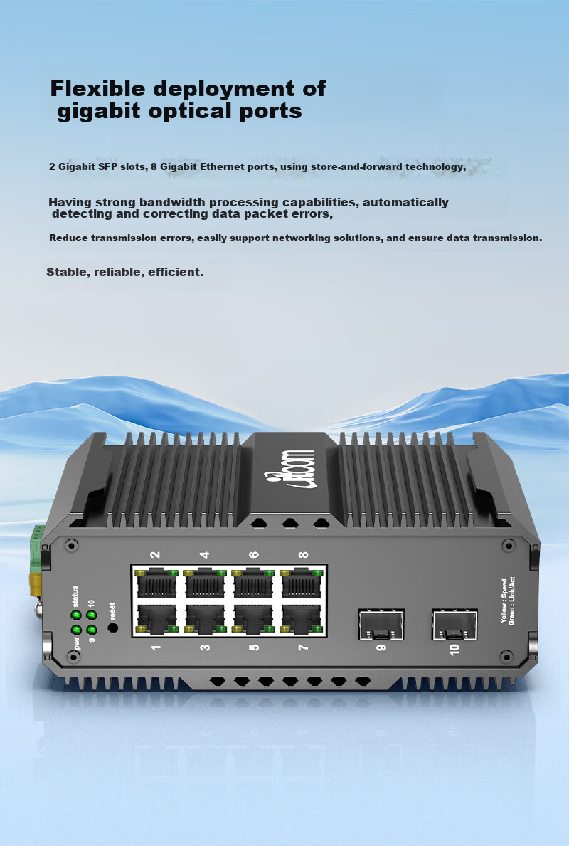 Промышленный управляемый коммутатор Itcom IT168-3800, Gigabit Ethernet, 2 оптических и 8 электрических портов, кольцевая сеть, монтаж на DIN-рейку