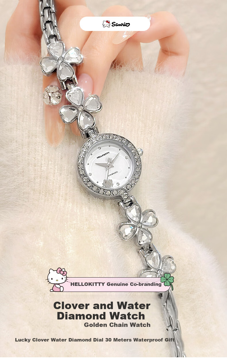 Женские часы Hello Kitty Sanrio "Четырехлистный клевер", кварцевые, браслет из сплава, водонепроницаемые до 30м, диаметр циферблата до 28мм
