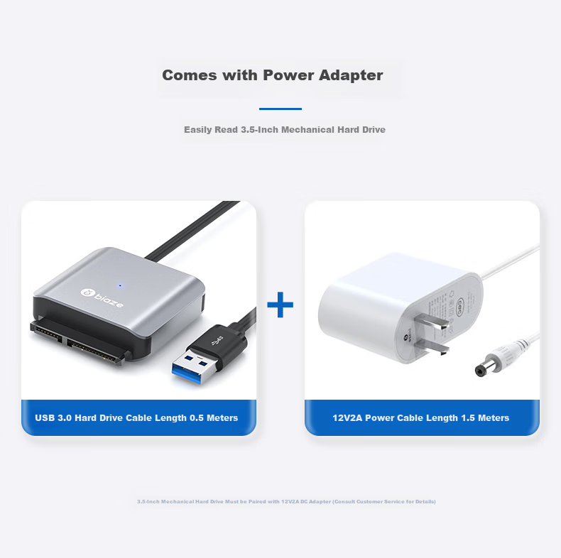 Кабель-адаптер BIAZE USB 3.0 на SATA с блоком питания 12V/2A, для подключения HDD/SSD 2.5/3.5 дюйма