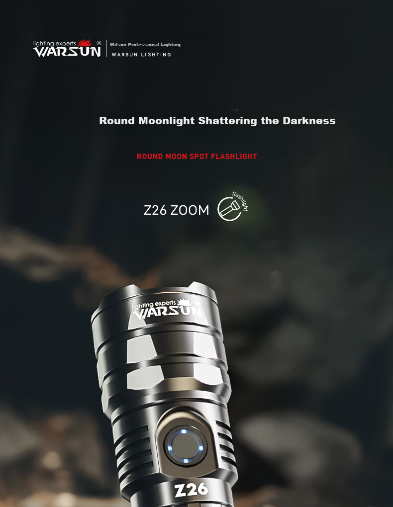 Фонарик WAR SUN Z26, мощный, дальность до 1000м, водонепроницаемый, алюминиевый сплав, зум, 5 режимов, USB Type-C