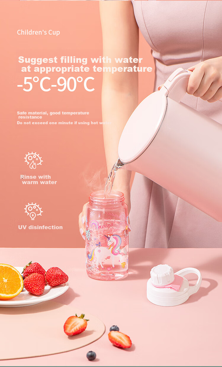 Детская бутылка для воды JEKO&JEKO 450 мл, с трубочкой, для школы и спорта, с ручкой, дизайн "Единорог"