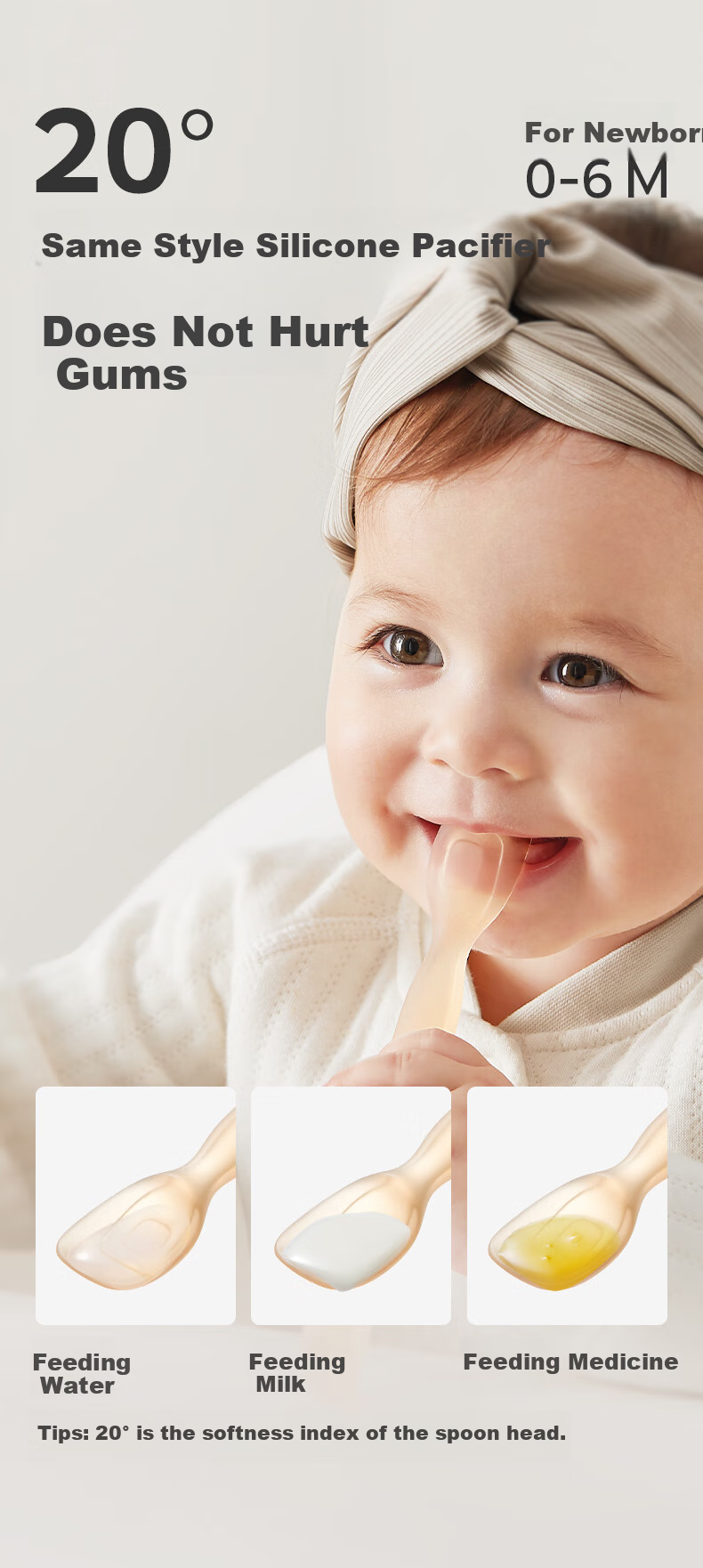 Babycare Детская силиконовая ложка для кормления, для детей от 0 до 6 месяцев, 20° мягкий наконечник, набор из 2 штук