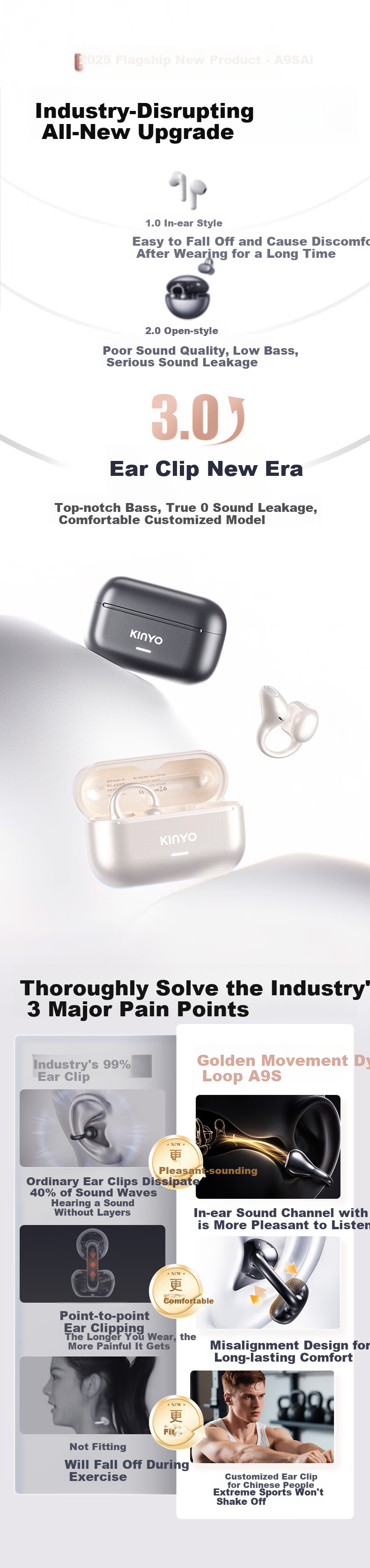 Беспроводные наушники KINYO A9 Ai Lingdong Huan, клипсовые, с костной проводимостью, Bluetooth, спортивные, с шумоподавлением, с длительным временем работы от аккумулятора и функцией перевода в реальном времени