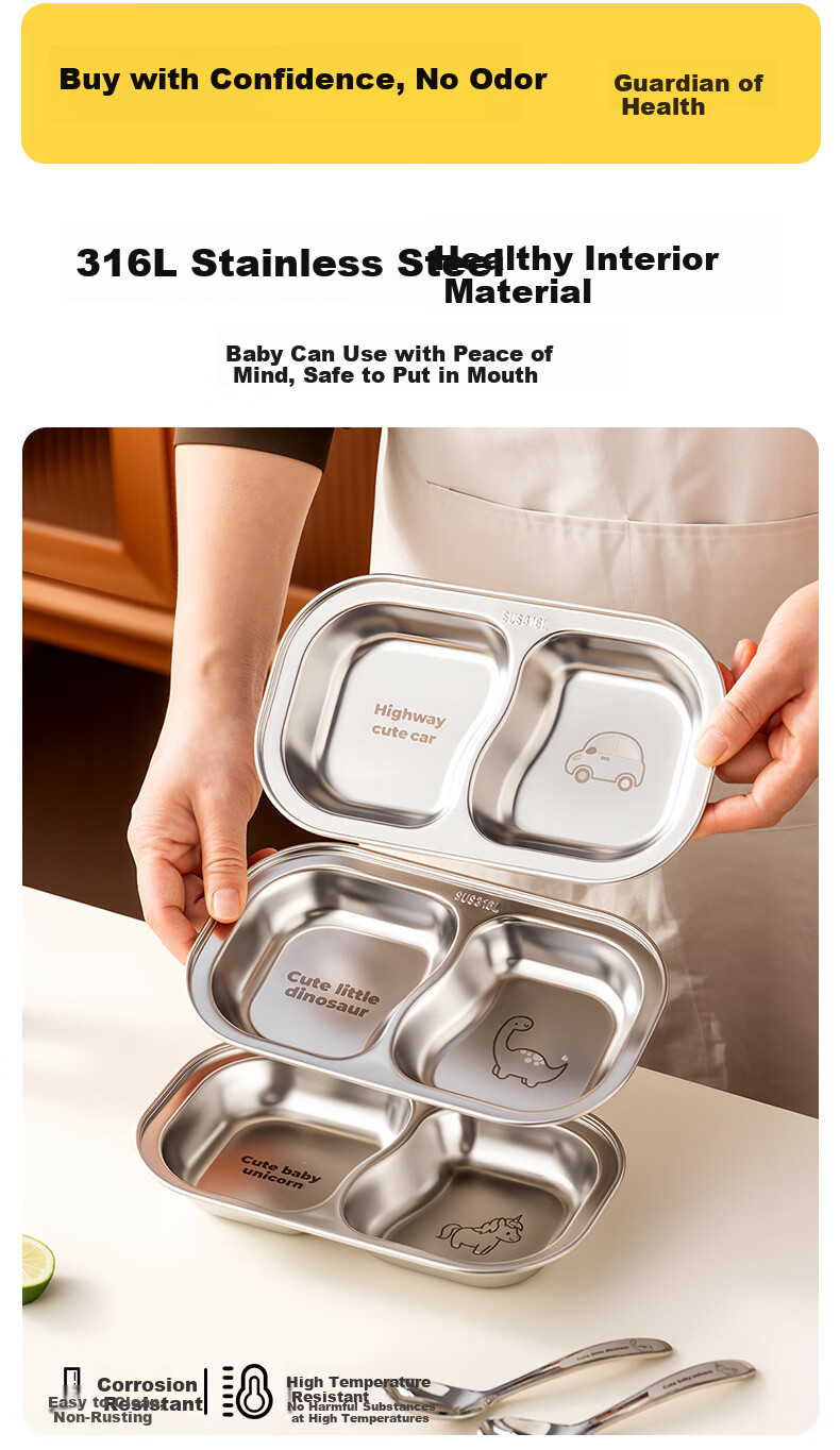 Детская тарелка Onlycook с разделителями, из нержавеющей стали, для малышей, мультяшный стиль - Машинка