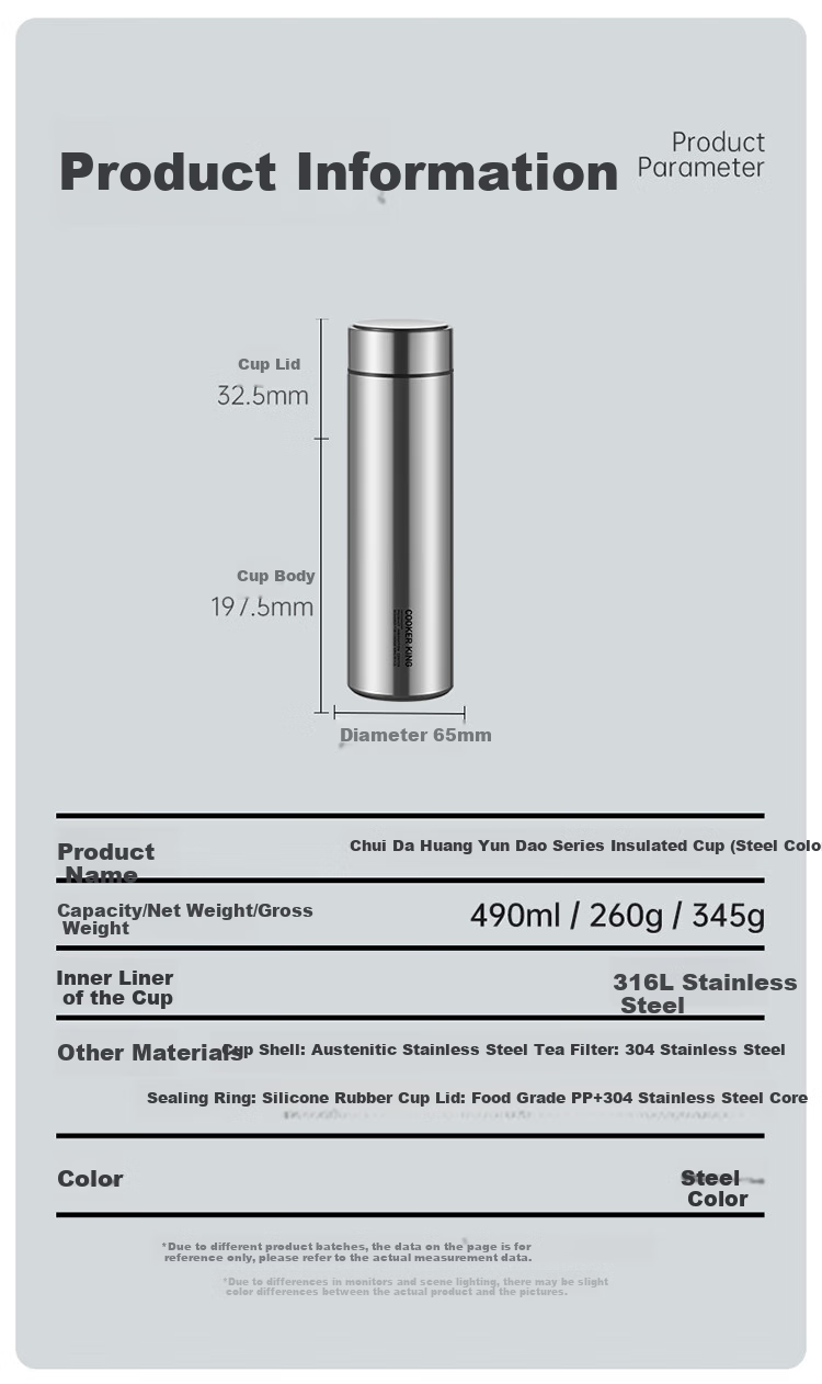 Термокружка COOKER KING Insulated Mug, 316L Нержавеющая сталь, деловая портативная бутылка для воды для мужчин и женщин, стальной цвет, 490 мл