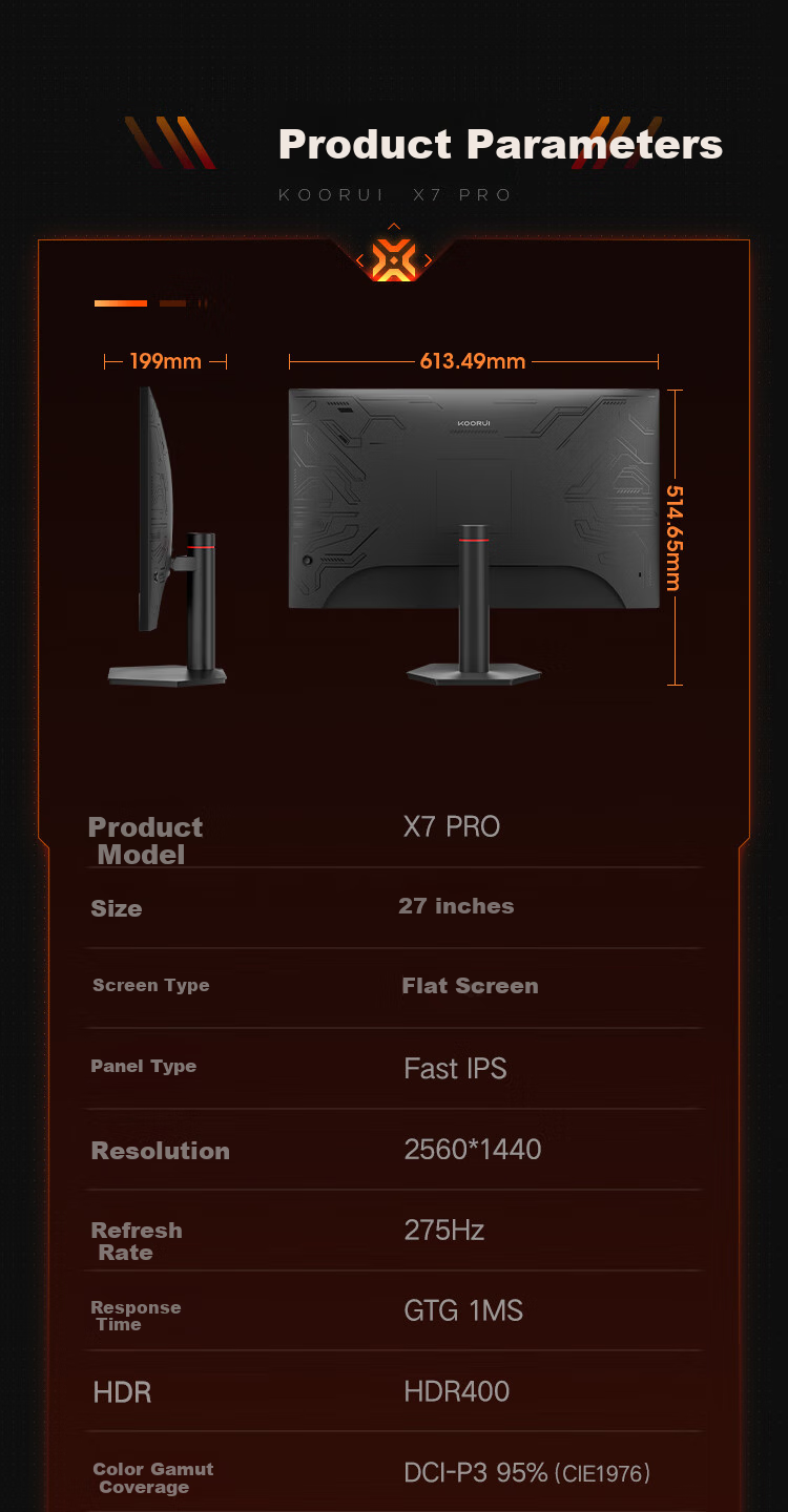 Игровой монитор KOORUI X7 PRO 27 дюймов, 2K (2560x1440), 275 Гц, IPS, 1 мс, HDR400, черный