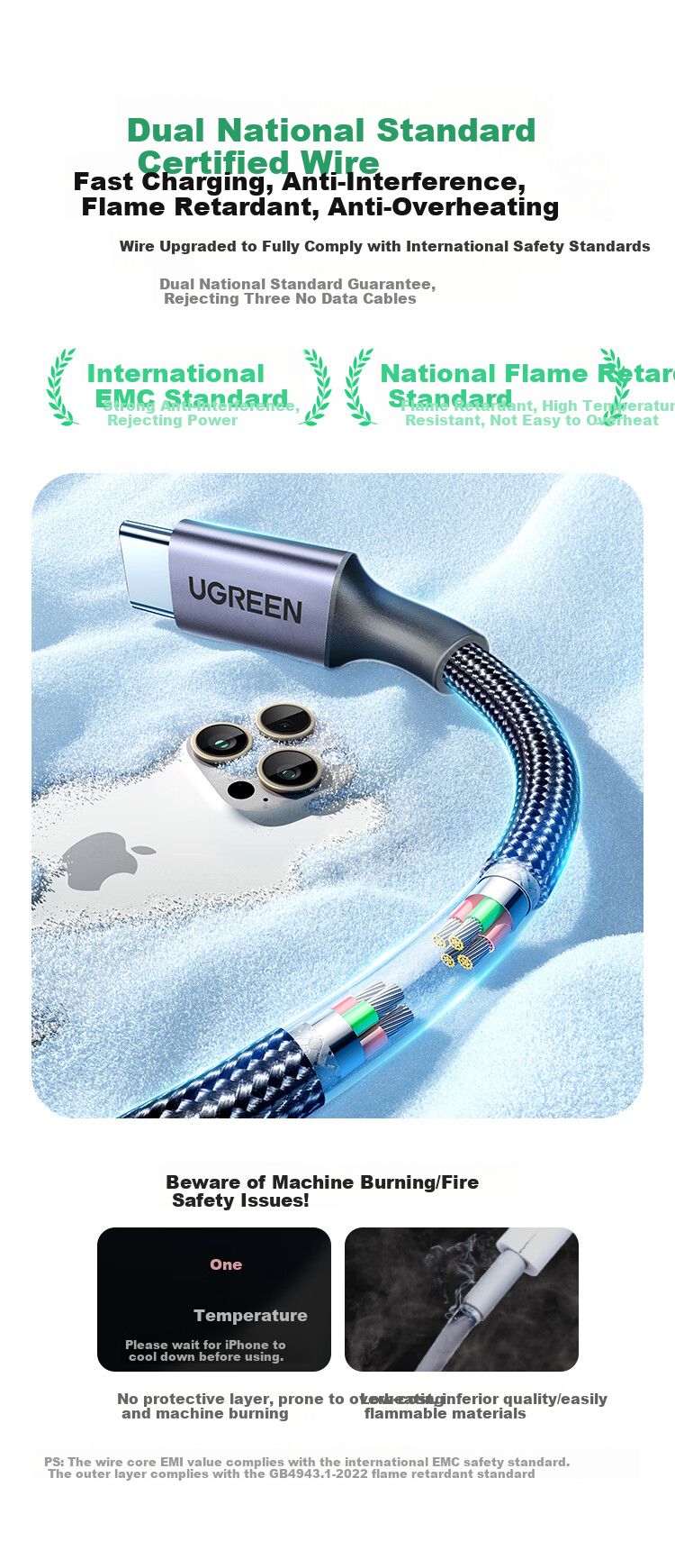 Кабель UGREEN Type-C для iPhone 15/16/17, 1 метр, 3A, черный, изогнутый, для быстрой зарядки и передачи данных, противоударный, огнестойкий