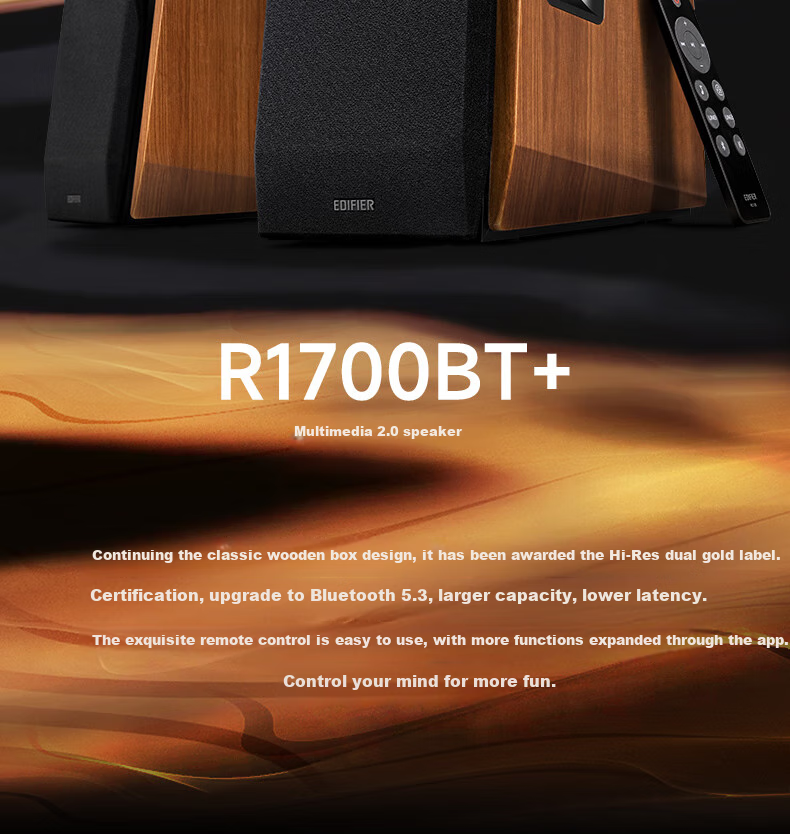 Компьютерные колонки Edifier R1700BT+, 2.0, Bluetooth 5.3, до 66 Вт, деревянный корпус, черный