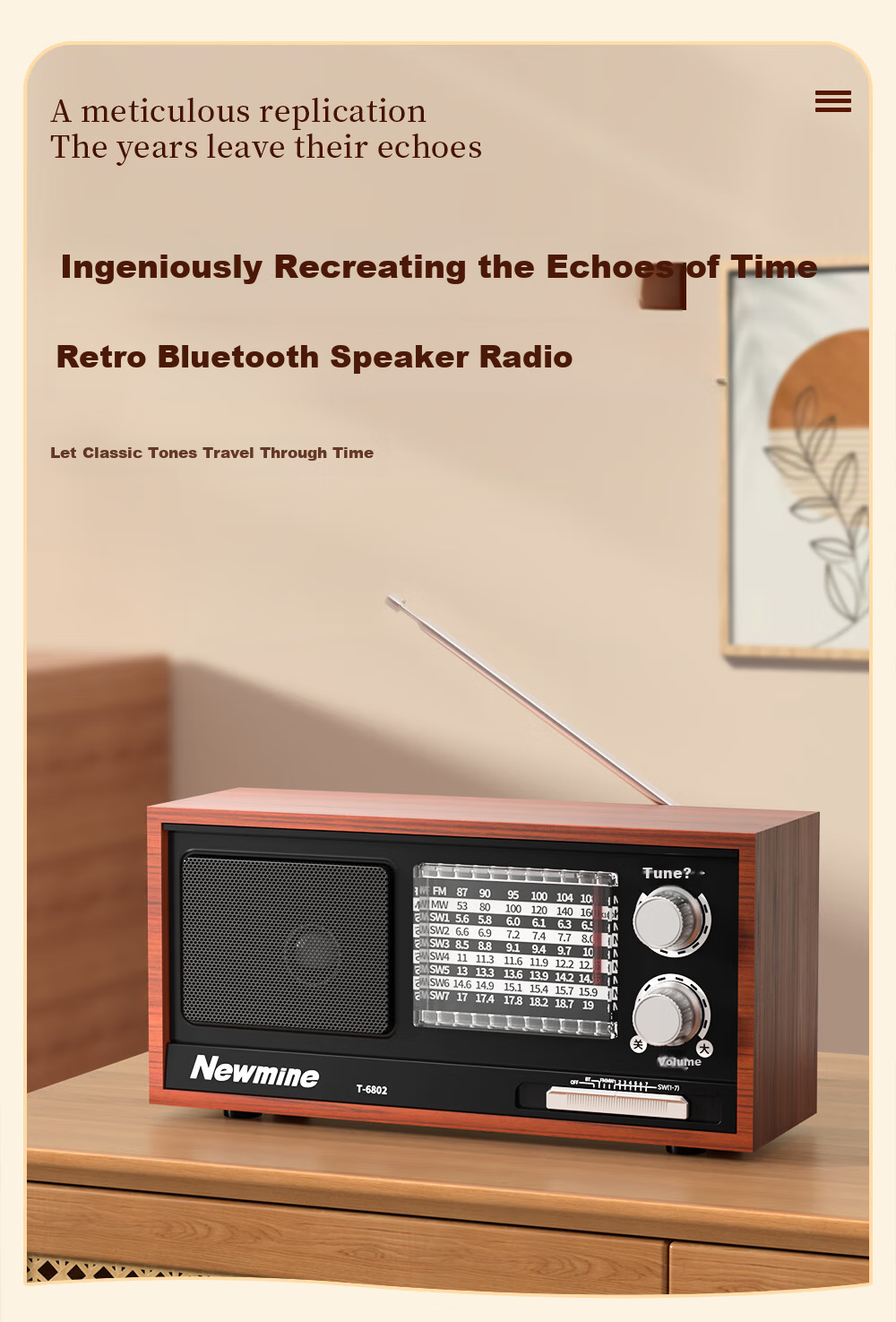 Радиоприемник Newmine T-6802, полнодиапазонный, ретро, настольный, с Bluetooth, для пожилых