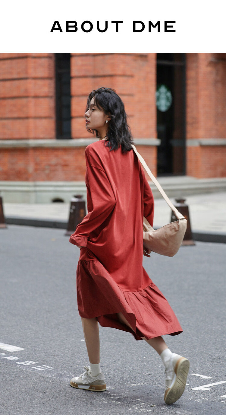 Платье Demana 2025 Spring Basic Versatile Patchwork Hem Crew Neck Pullover Long Sleeve Long Dress, размер S, кирпично-красный
