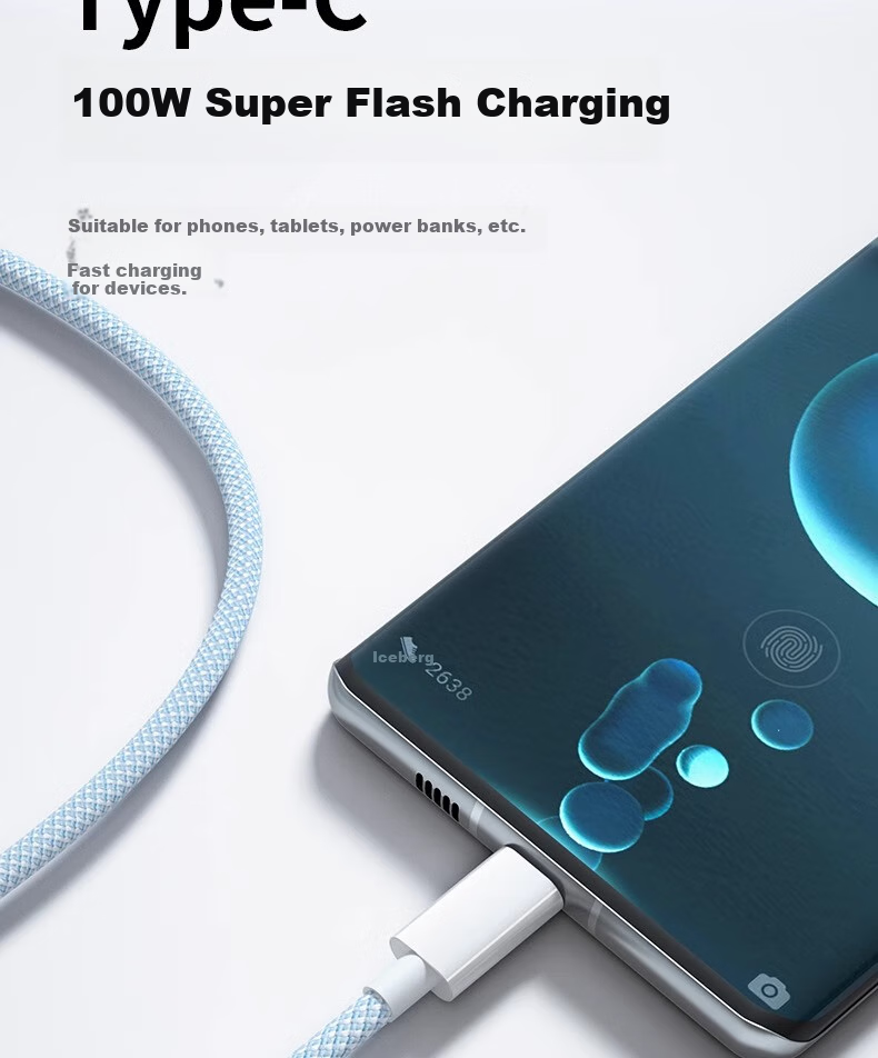 Кабель Nengshi Type-C, 100W, 6A, для Huawei Nova, Xiaomi, Vivo, Honor, OPPO, синий, 1 метр