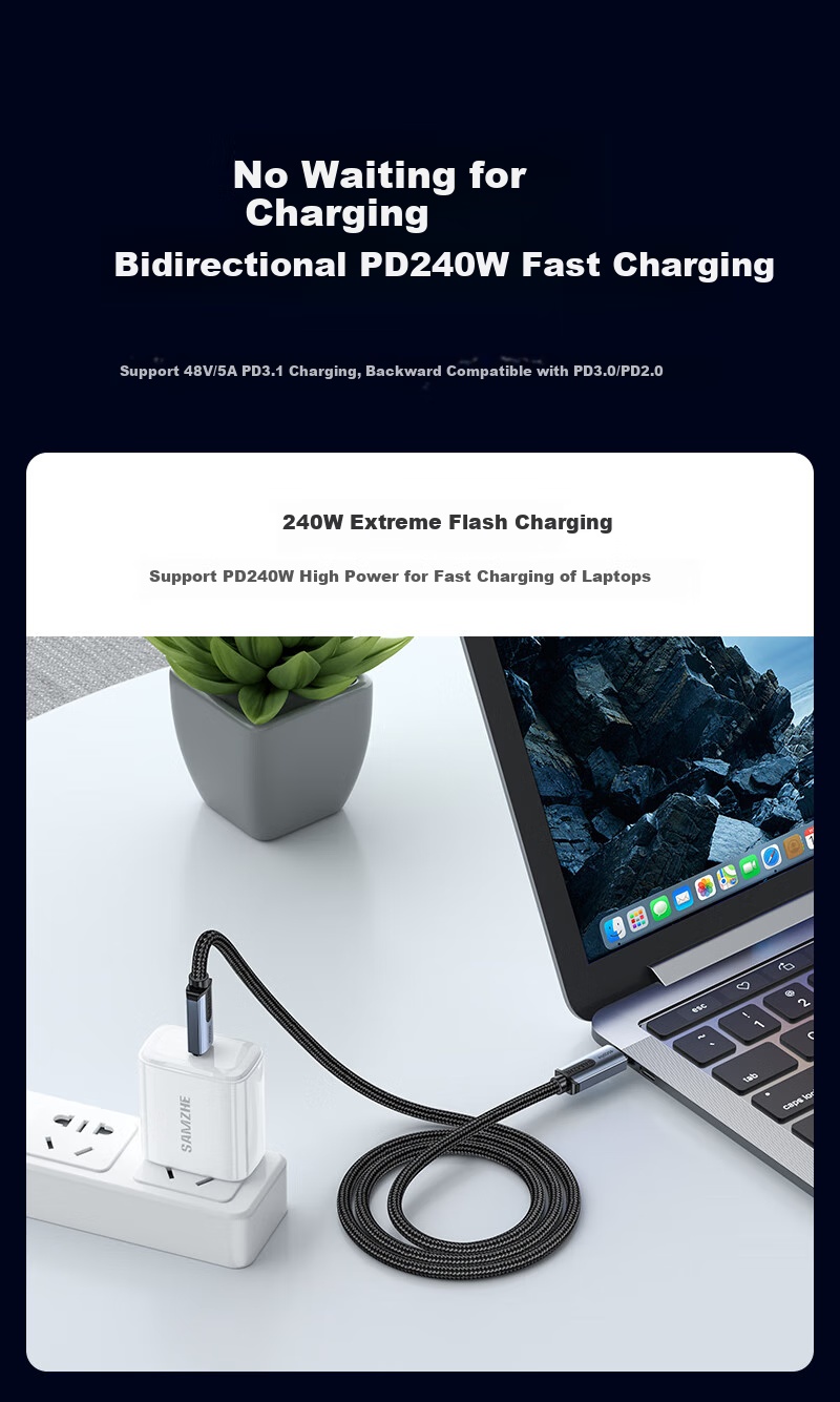 Кабель SAMZHE USB4, 240W PD, Thunderbolt 4, 40 Гбит/с, 1.5 метра