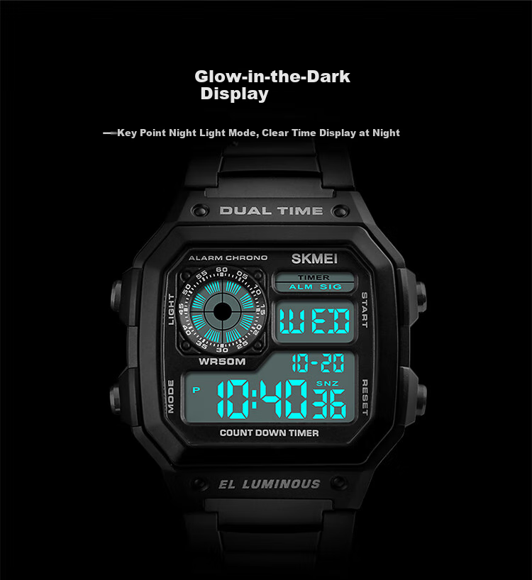 Skmei Student Watch Square High-End for Middle And High School Students, Waterproof Alarm Clock Sports Steel Band Electronic Watch for Men 1335